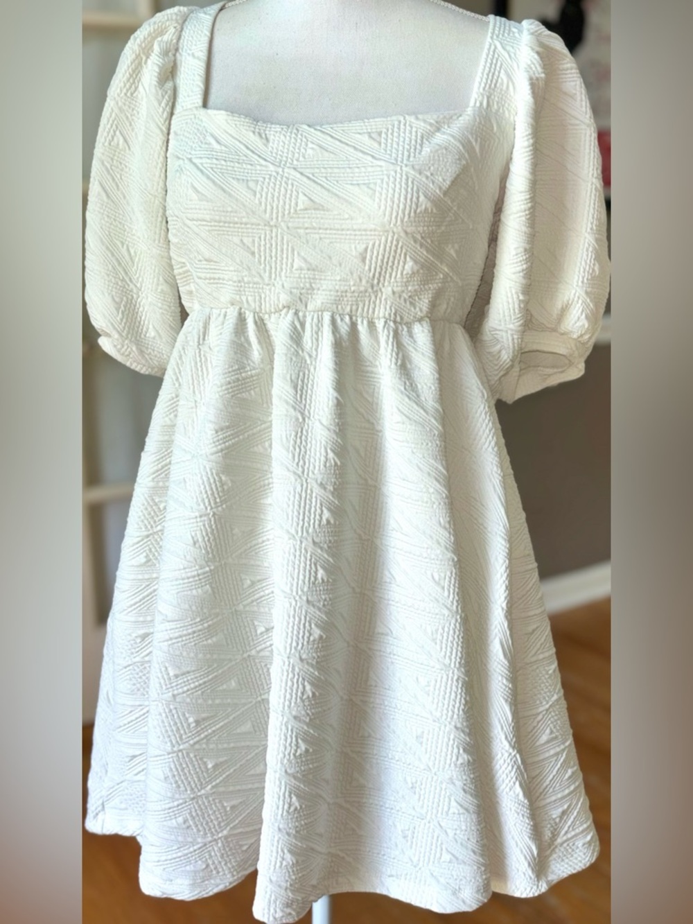 Free People Ivory Textured Babydoll Dress Puff Sleeve Bow Back M